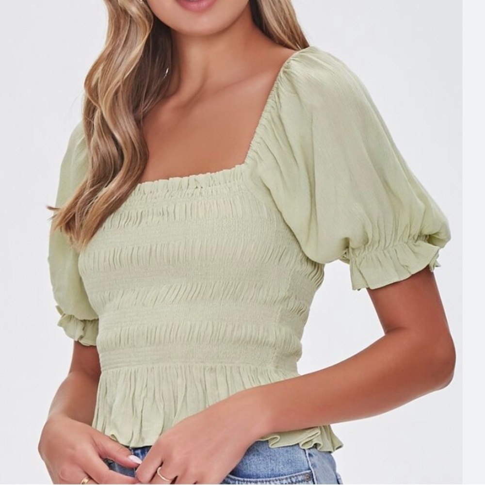 Forever 21 Light Green Smocked Top